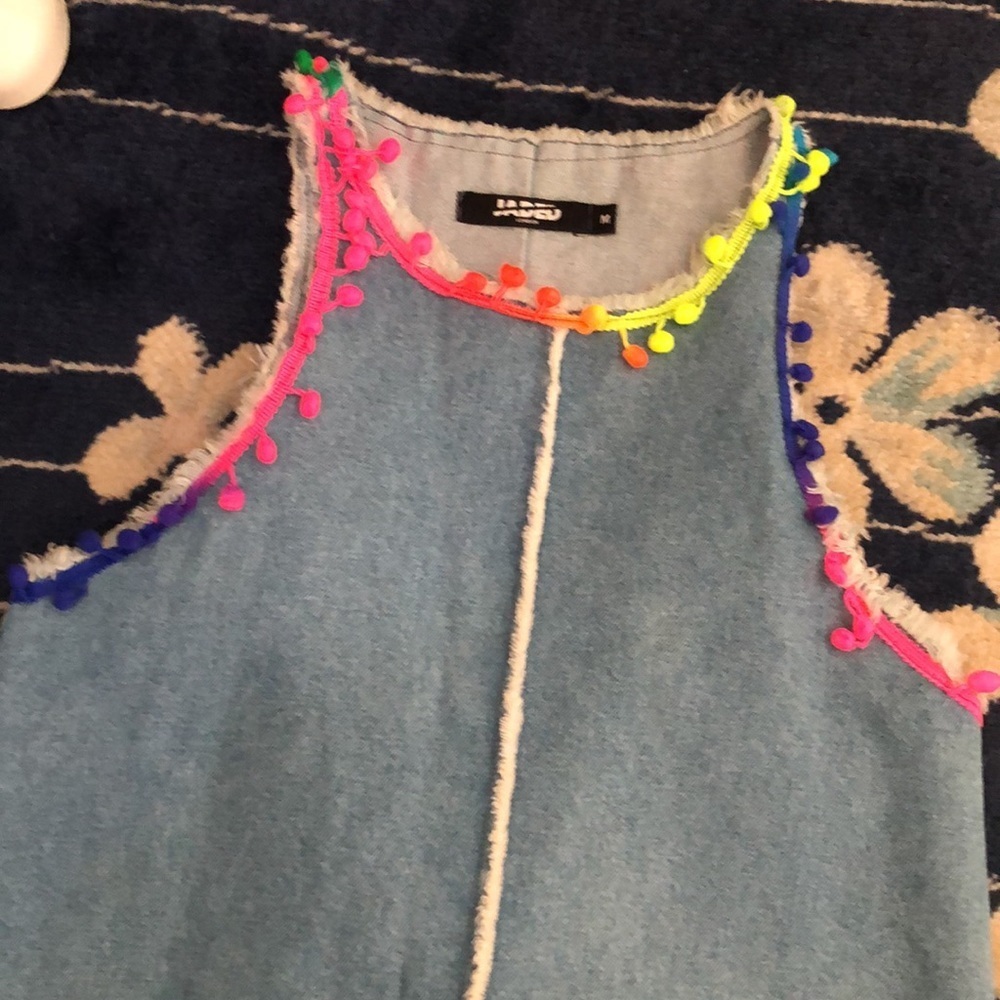Jaded London Denim Mini Dress With Pom Pom Trip Detail - Picture 4 of 6